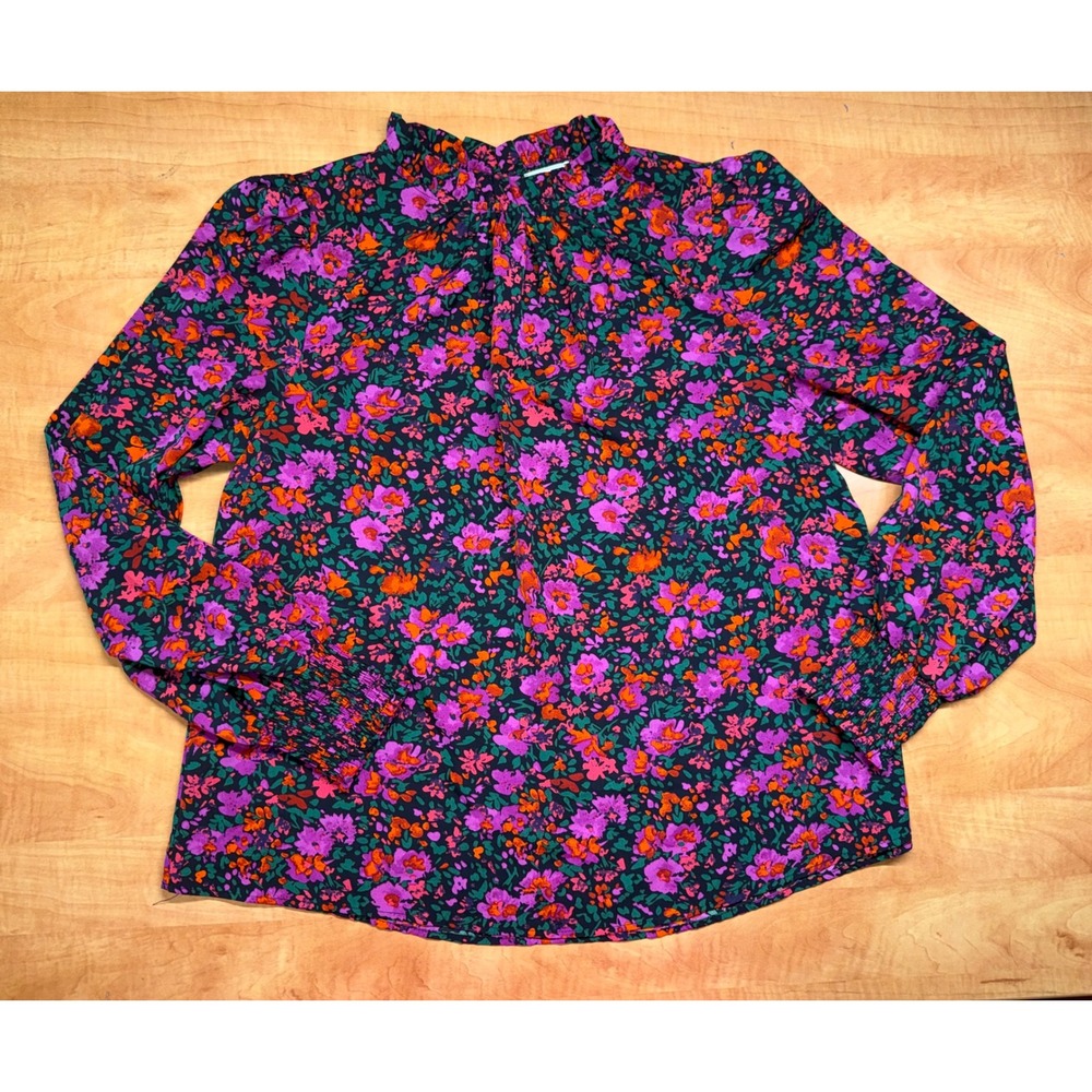 Jodifl Floral‎ Ruffle Neck Blouse Smocked Cuff Pink Orange Purple M